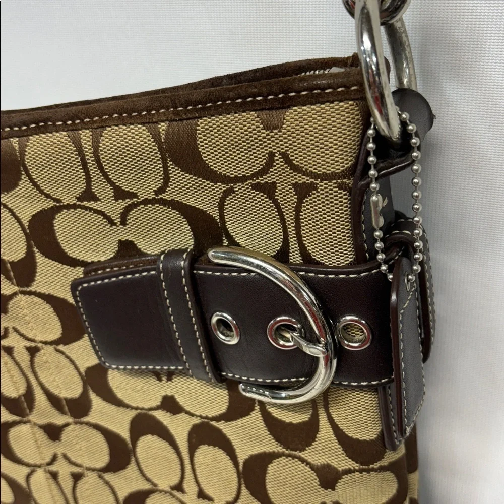 Coach Signature Fabric And Suede Slim Duffle Shoulder Bag Brown Color